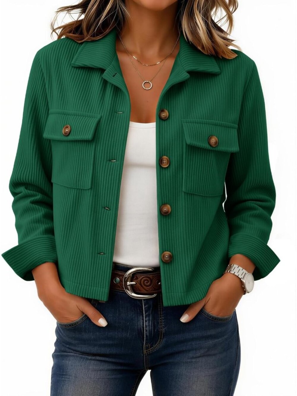 Women's Green 100% Polyester Corduroy Button Down Flap Pockets Cropped Jacket